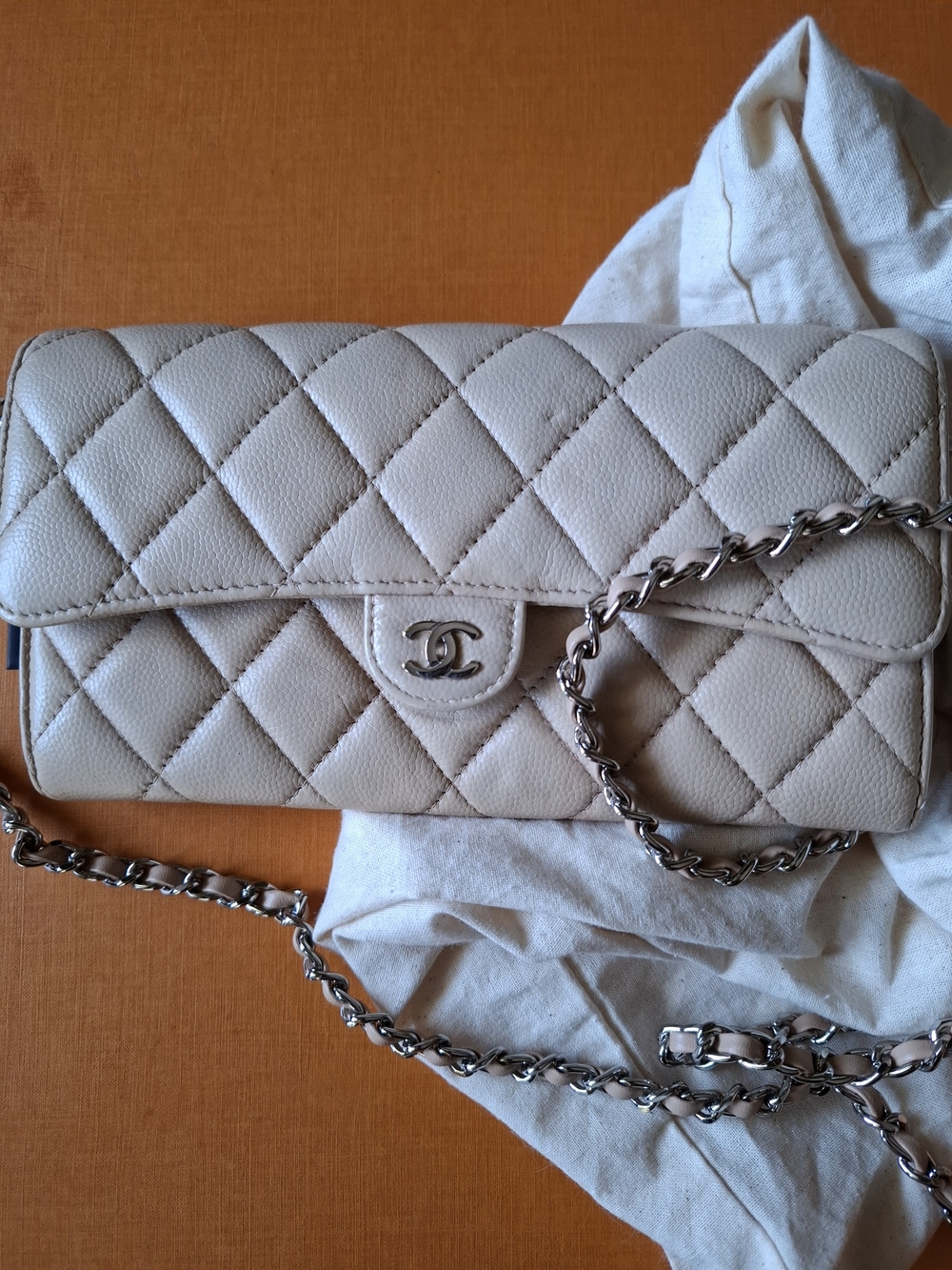 CHANEL Cream Quilted Wallet on Chain with Silver-Tone Hardware